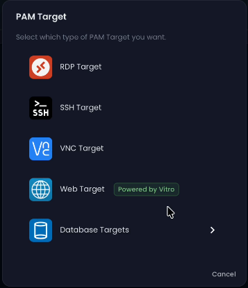 Target type selector showing RDP, SSH, VNC, Web, and Database options