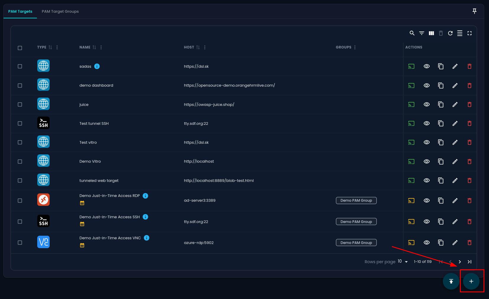 Plus button used to open the Create PAM target form