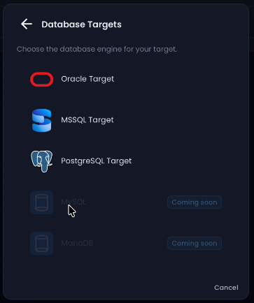 Database target type selector showing Oracle, MSSQL, and PostgreSQL options