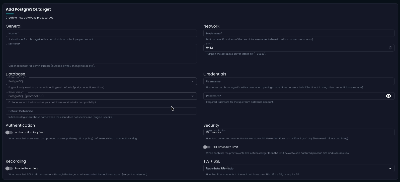 PostgreSQL database target configuration form