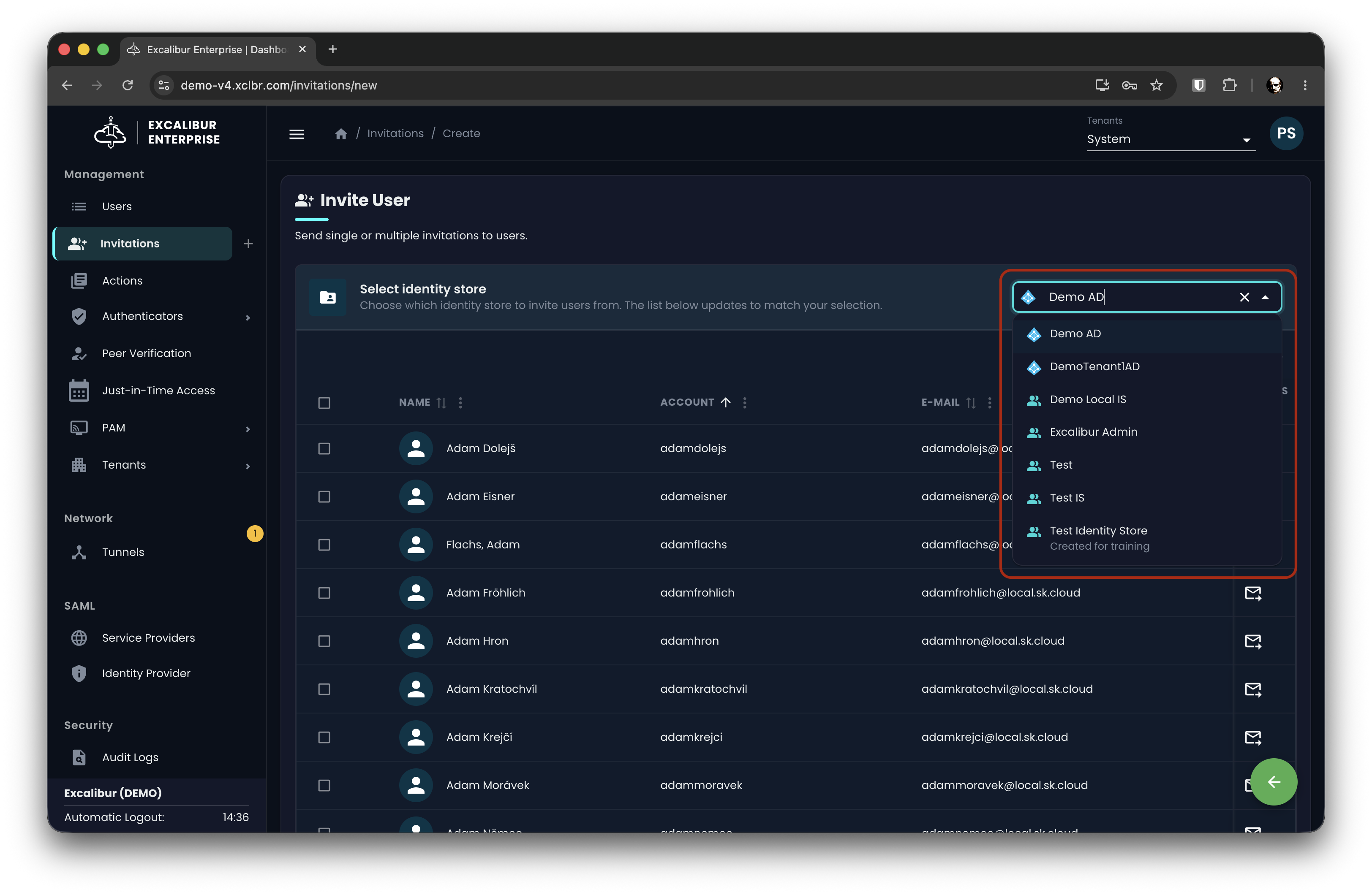 Identity store picker above the user table on the Add Invitations page