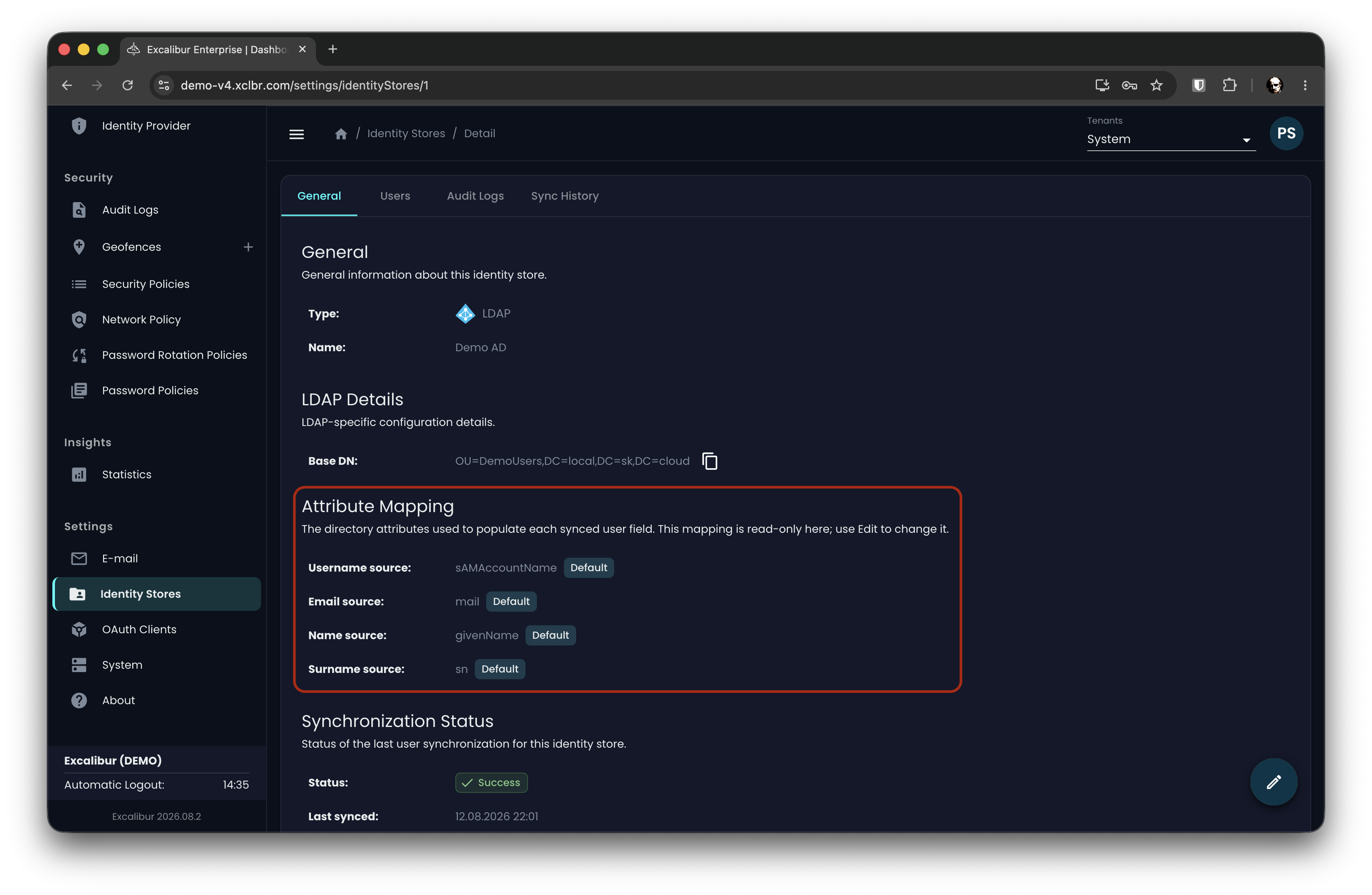 Active attribute mapping on the identity store detail page