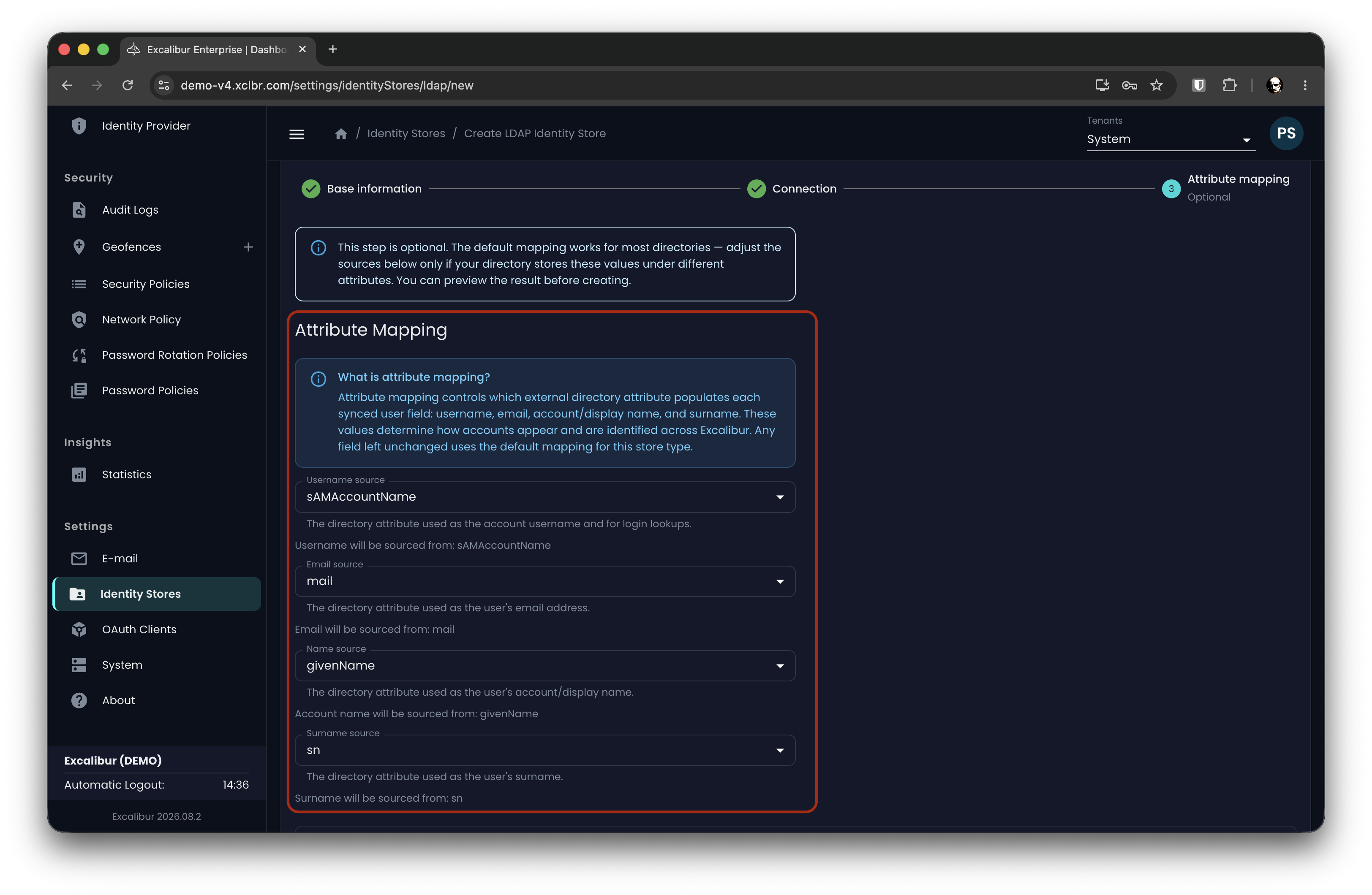Attribute-mapping step of the identity store setup wizard