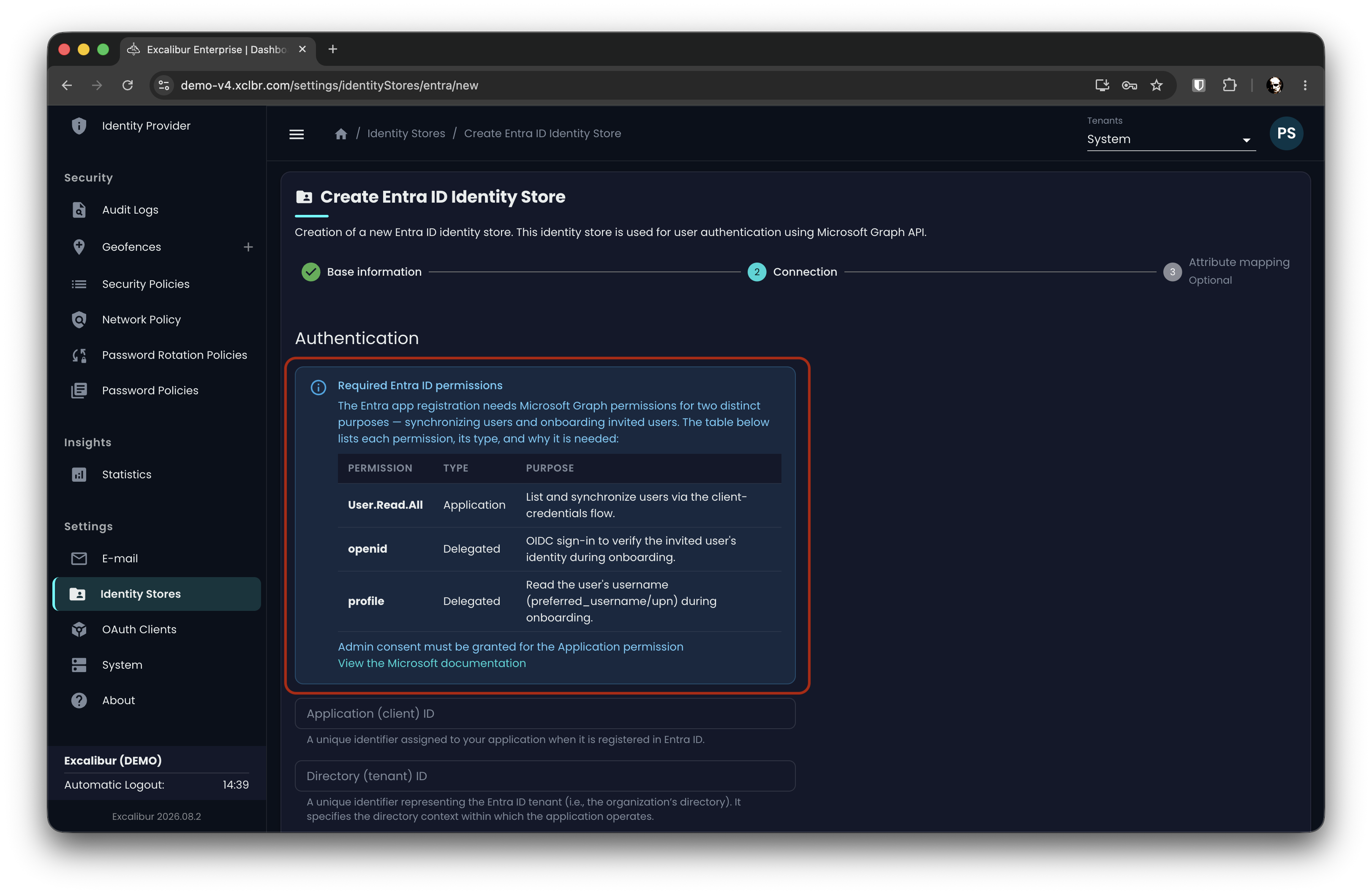 Required Microsoft Graph permissions on the EntraID setup form