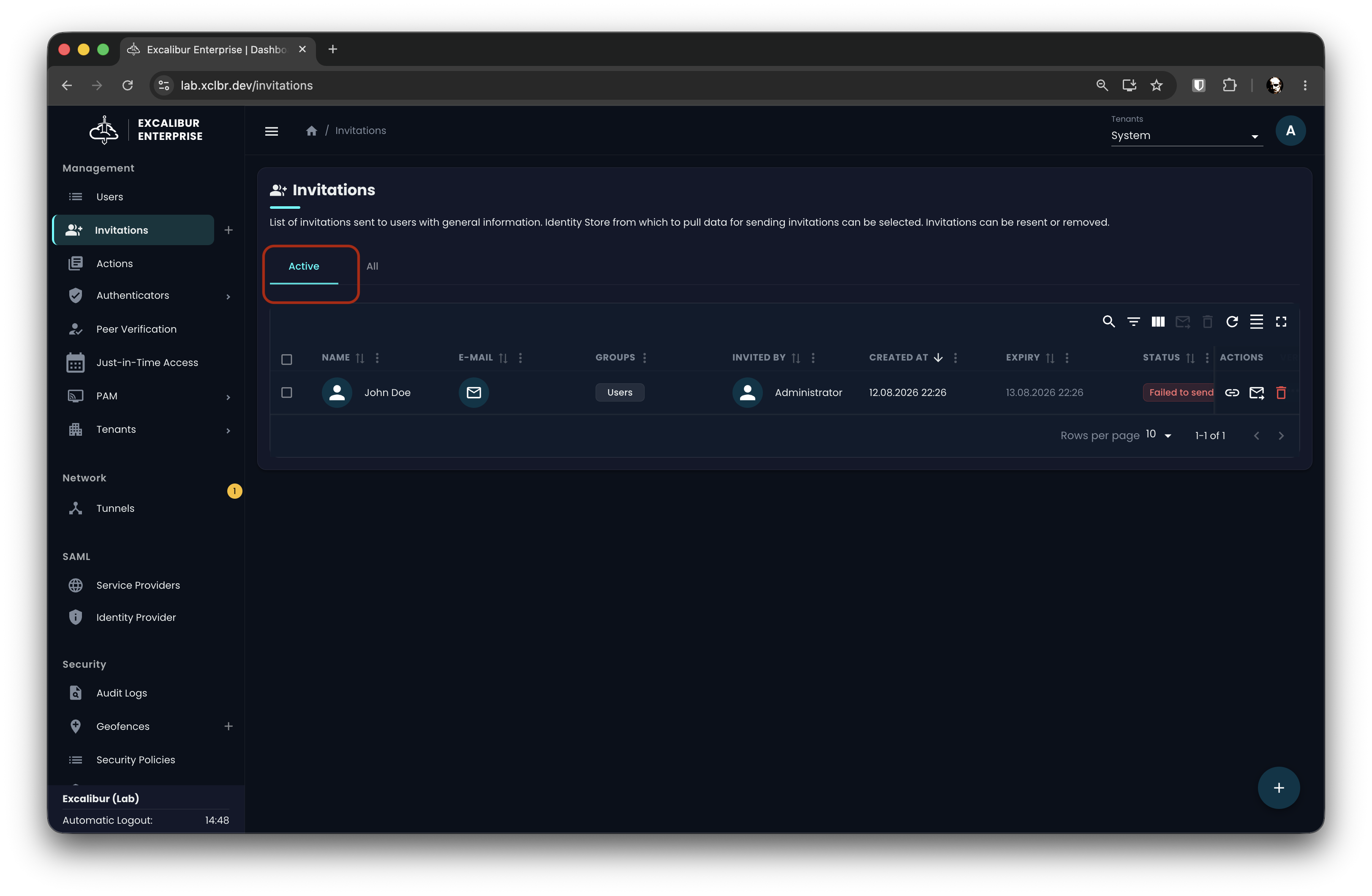 Invitations page, Active tab
