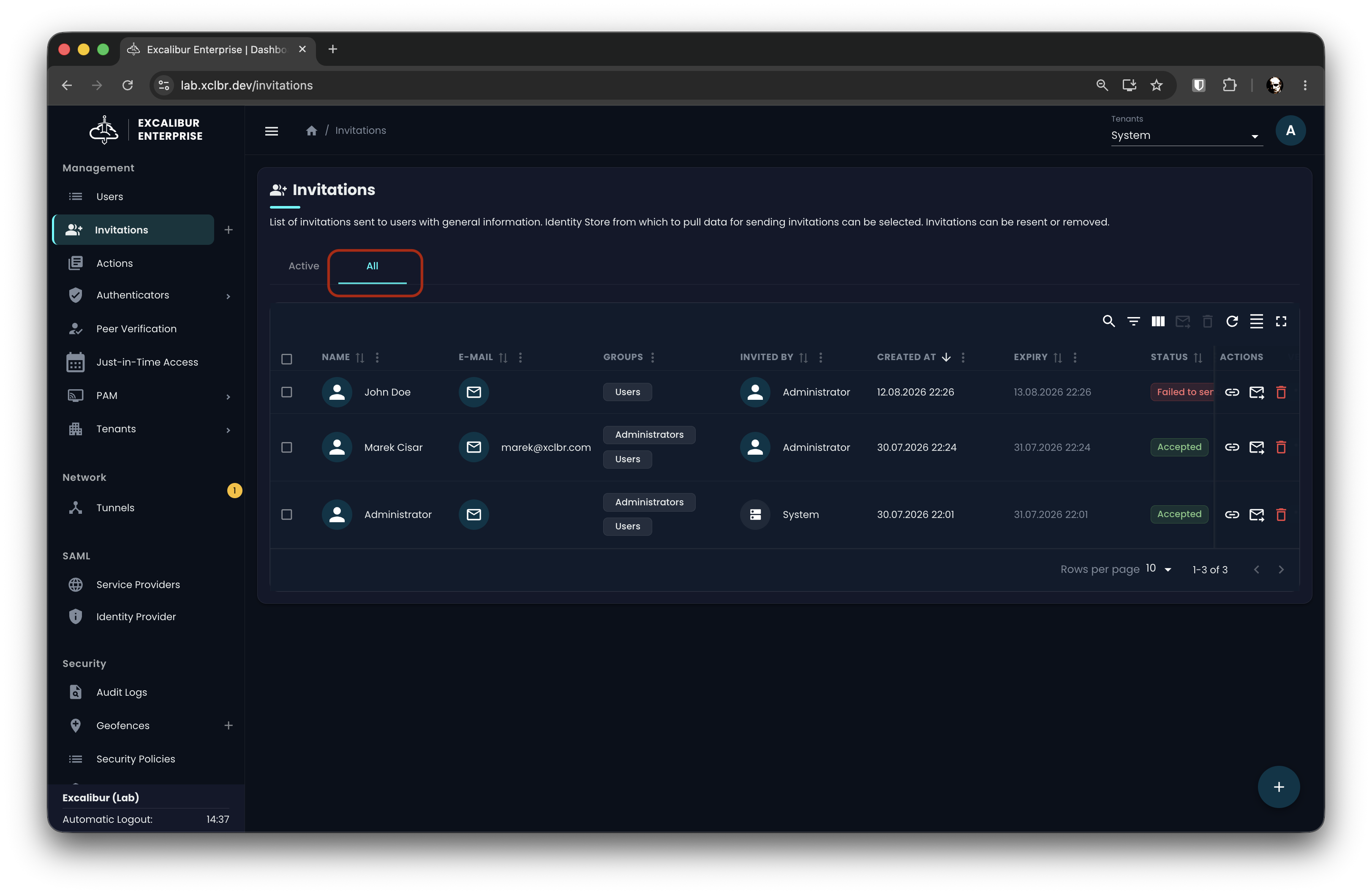 Invitations page, All tab