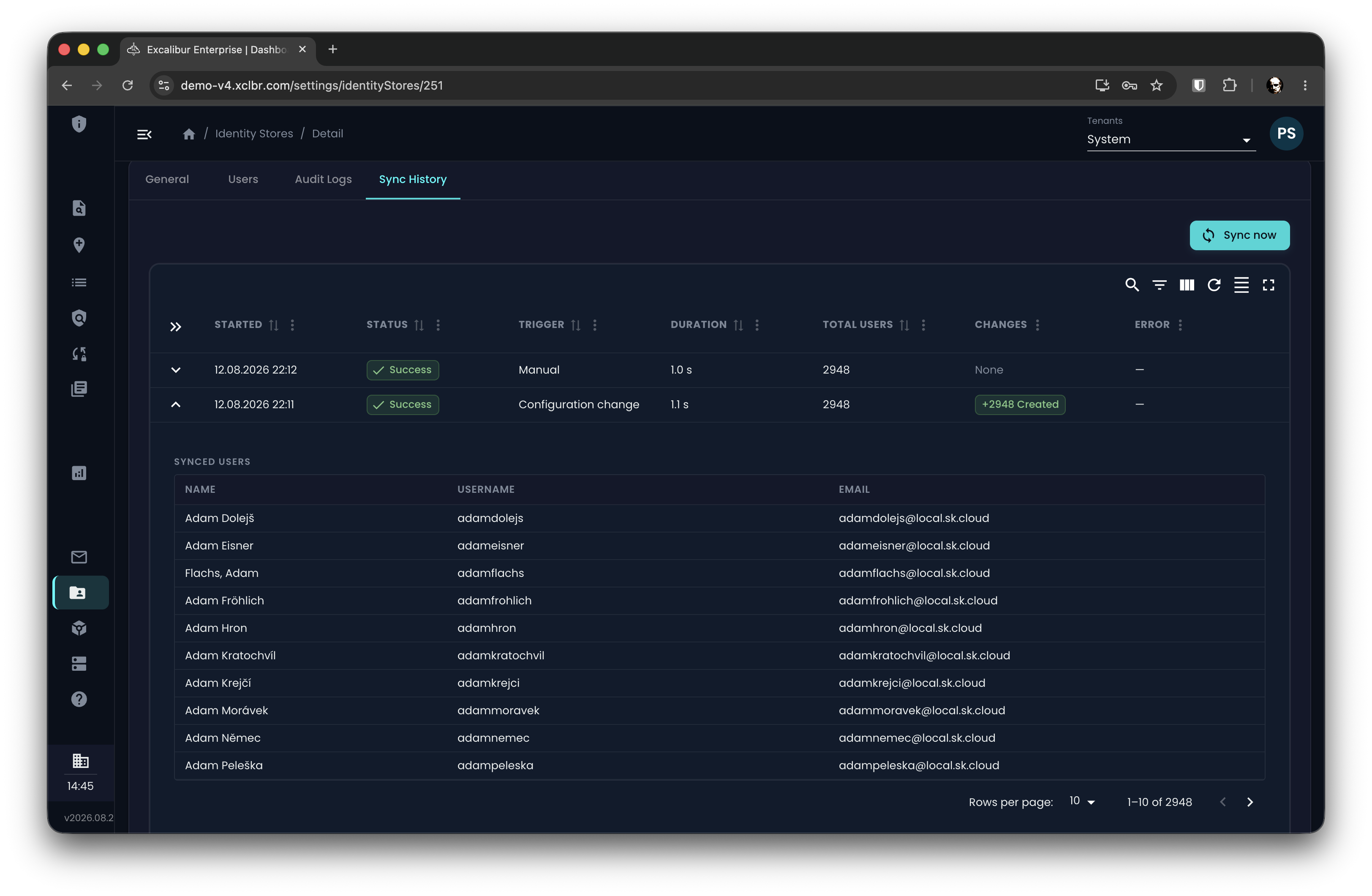 Synchronization history on the identity store detail page
