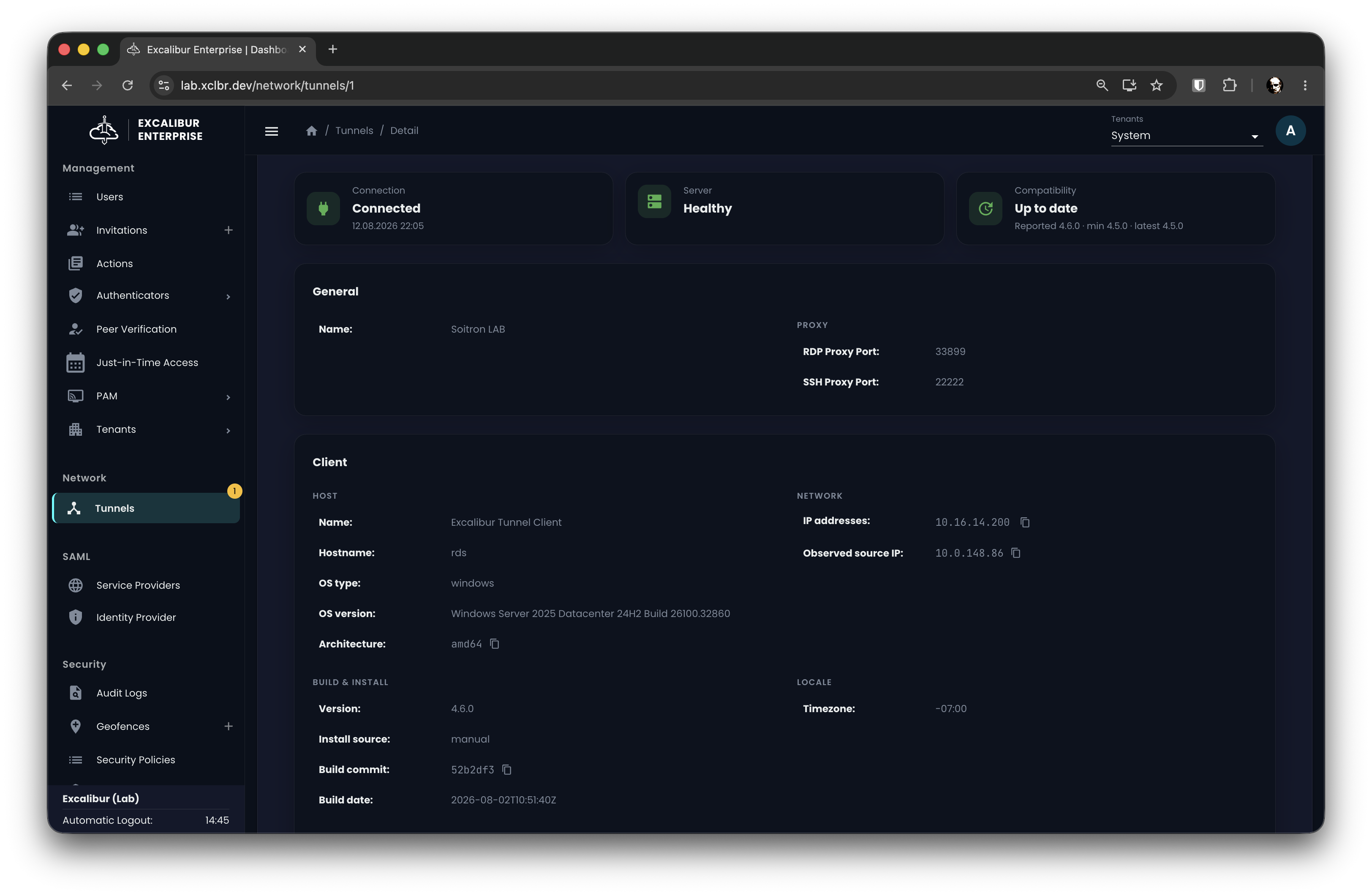 Tunnel detail page with client diagnostics