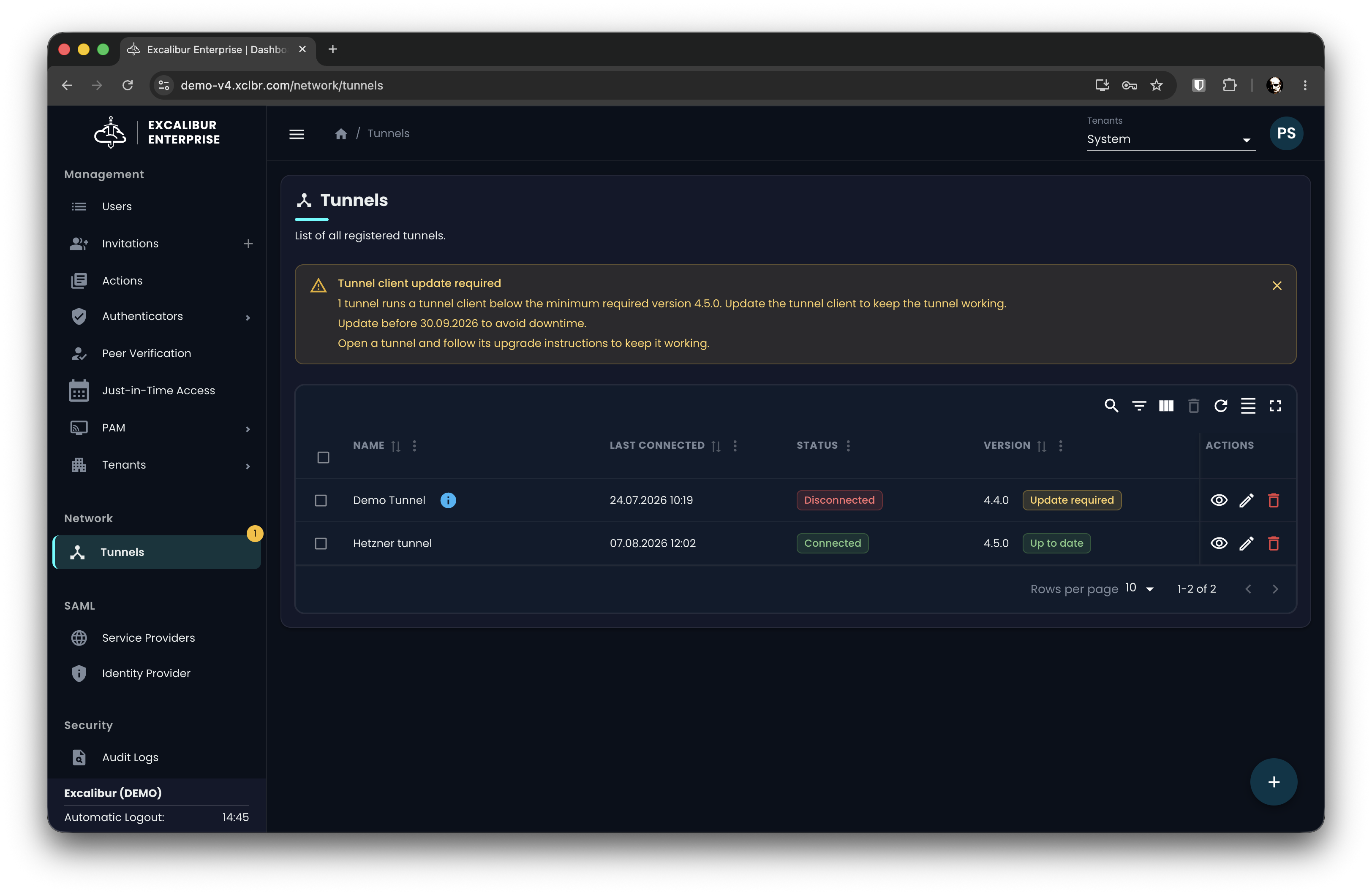 Tunnel list showing client version and compatibility status