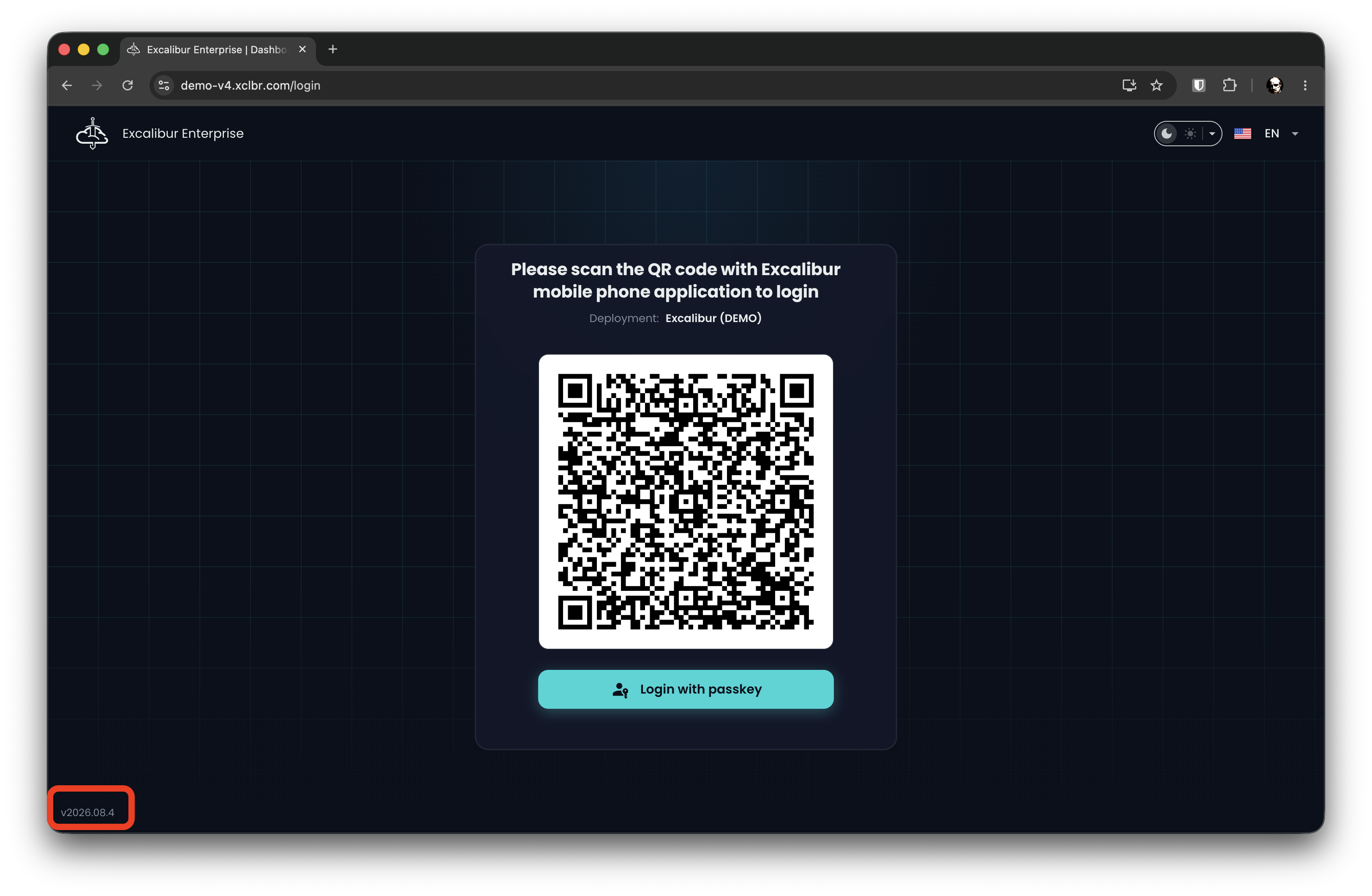 Login screen showing the product version in the lower-left corner