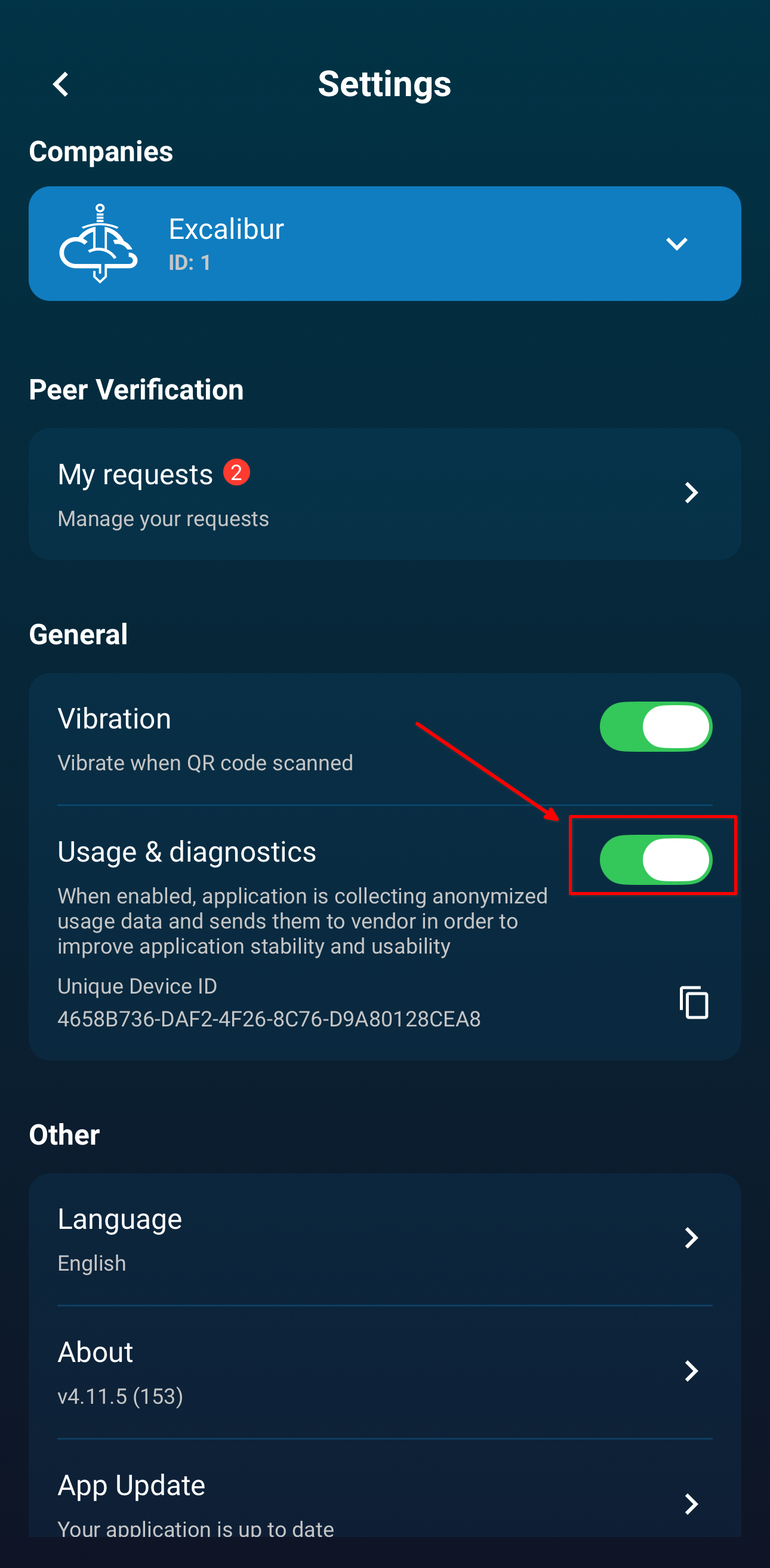 Usage and diagnostics toggle enabled in the General section