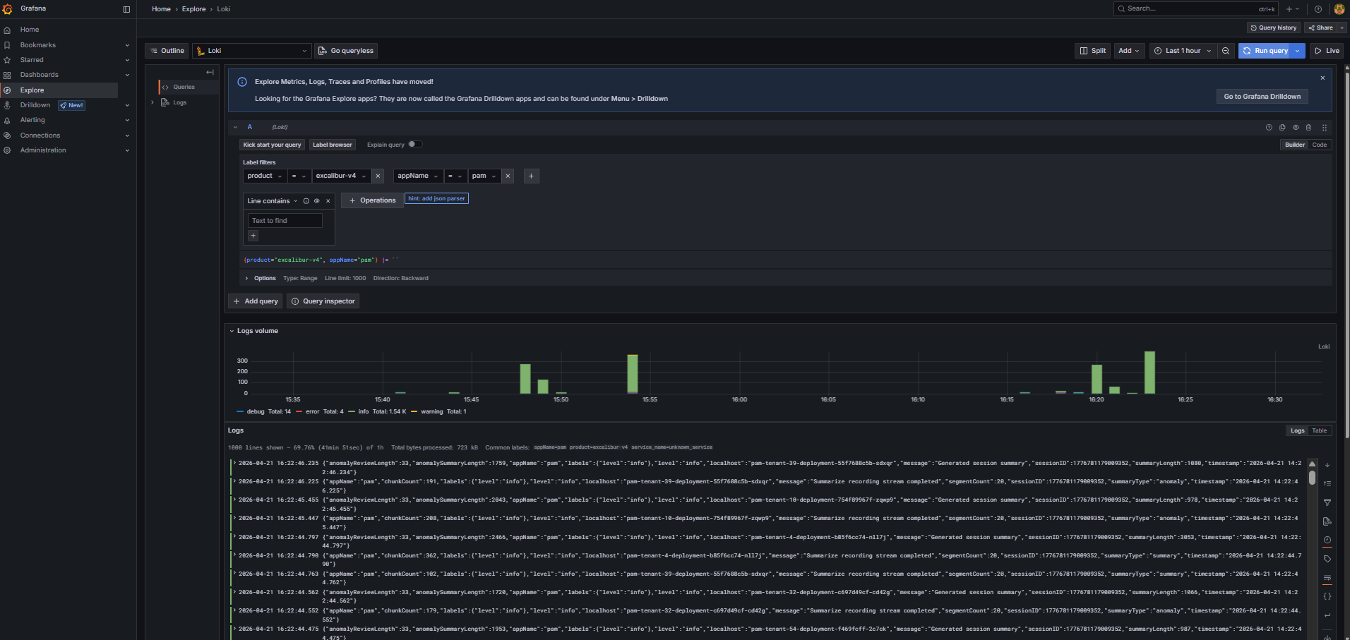 Grafana Explore view with Loki filters